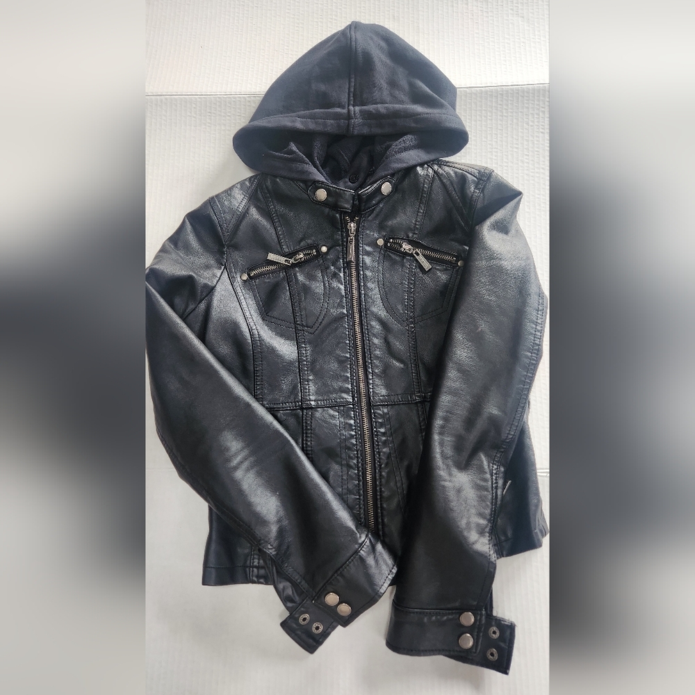 Joujou Black Faux Leather Jacket with Hood Size 14 Girls
